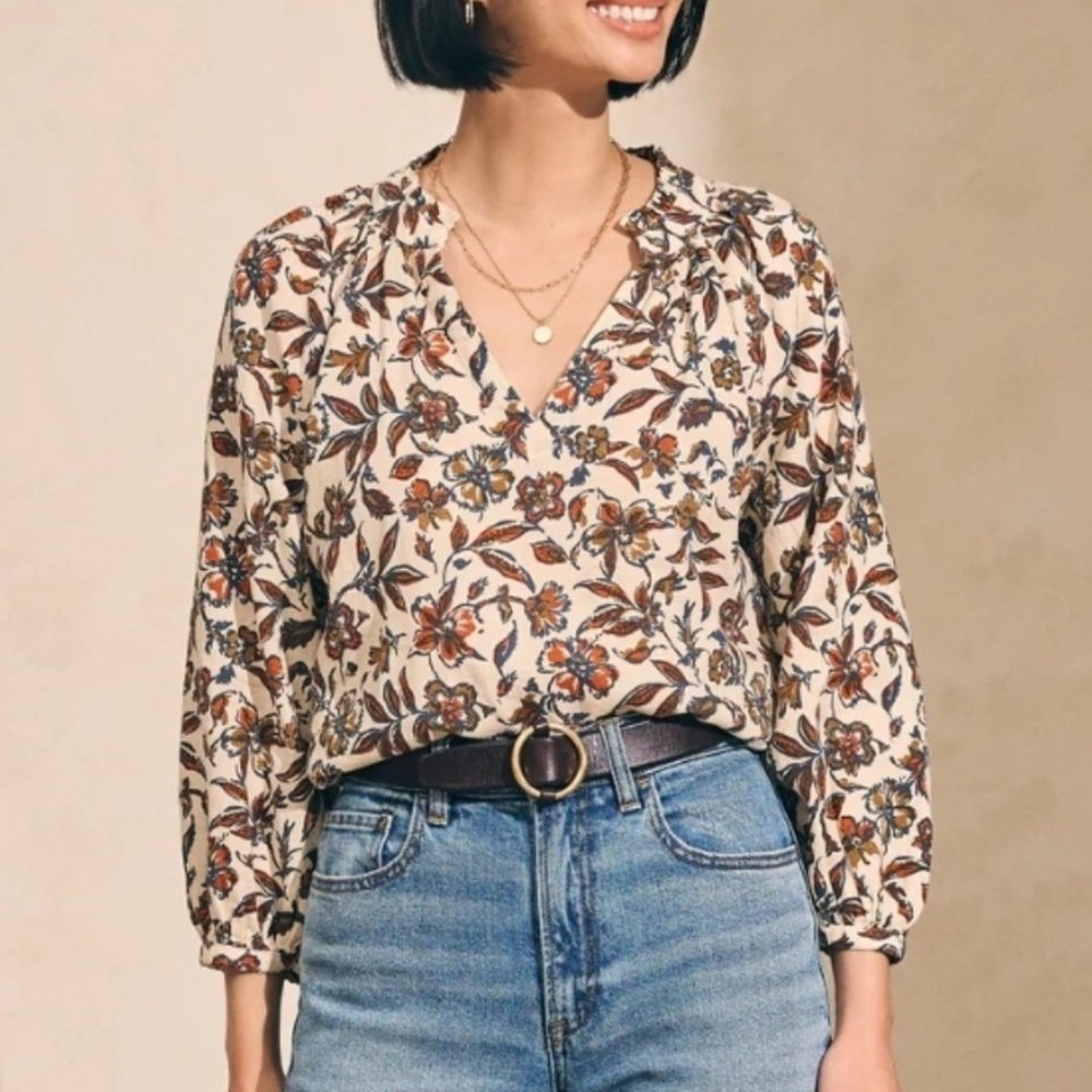 Faherty Portia Indee Floral Linen Blend Peasant Blouse Cream Size Large